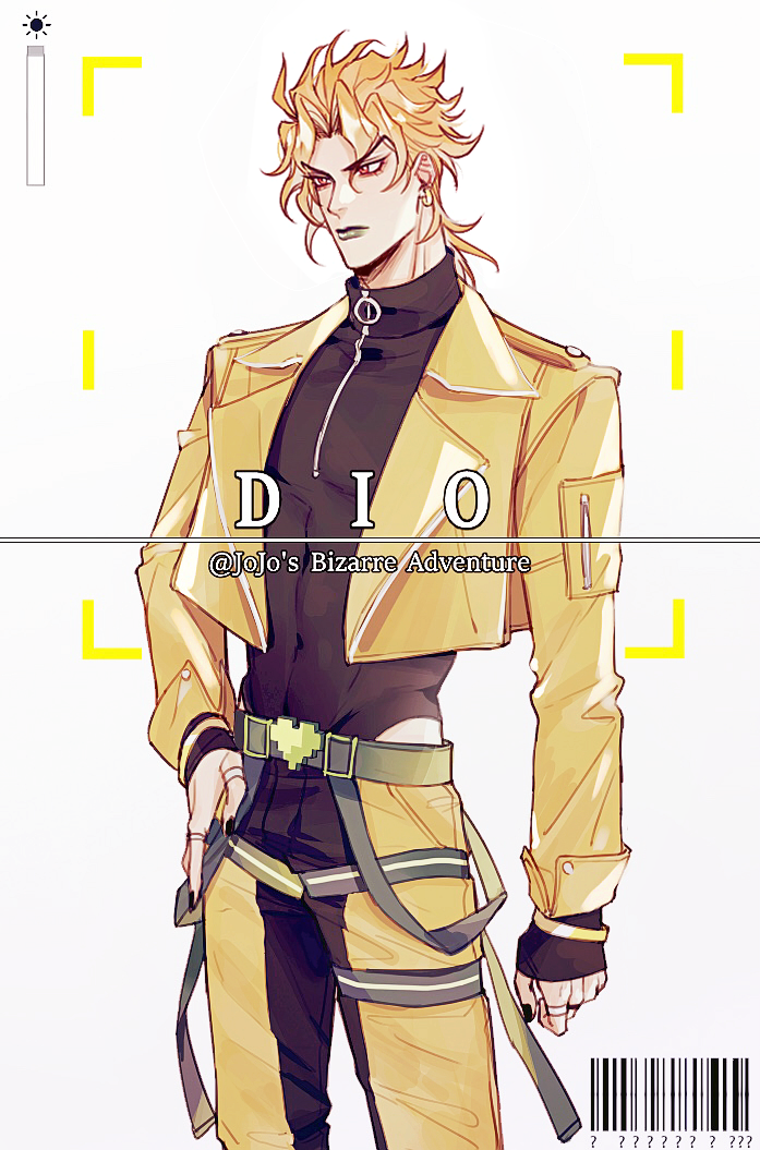 1boy barcode belt belt_buckle black_bodysuit black_nails blonde_hair bodysuit bodysuit_under_clothes buckle character_name chinese_commentary closed_mouth collared_bodysuit collared_jacket commentary_request copyright_name cowboy_shot dio_brando expressionless eyelashes green_belt grey_lips hako_iix07 hand_on_own_hip heart jacket jewelry jojo_no_kimyou_na_bouken lapels leather leather_jacket lips long_sleeves looking_ahead male_focus messy_hair multiple_belts multiple_rings nail_polish notched_lapels o-ring open_clothes open_jacket pants pocket red_eyes ring short_hair side_slit single_stripe sleeve_cuffs solo standing striped_belt thick_eyebrows thigh_belt thigh_strap viewfinder white_background yellow_jacket yellow_pants zipper zipper_pull_tab