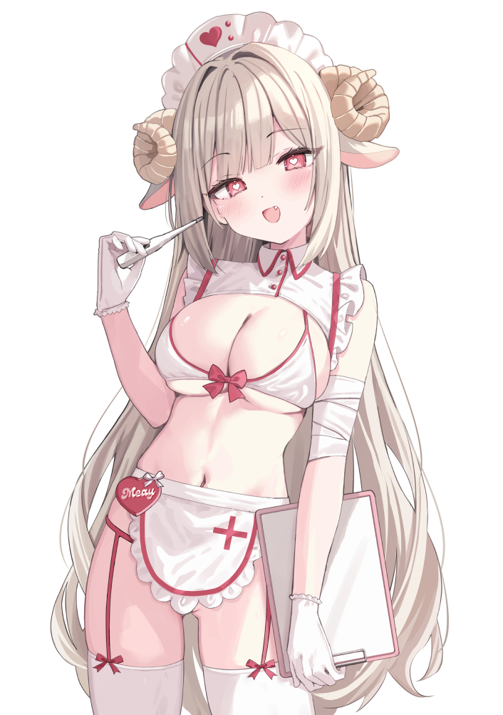 1girl :d animal_ears apron bandaged_arm bandages bare_shoulders bikini blush breasts brown_hair cleavage commentary_request fang frilled_apron frills gloves hair_intakes hand_up heart heart-shaped_pupils holding horns large_breasts long_hair looking_at_viewer navel nurse open_mouth original saeki_sora sheep_ears sheep_girl sheep_horns shrug_(clothing) simple_background smile solo swimsuit symbol-shaped_pupils thermometer very_long_hair waist_apron white_apron white_background white_bikini white_gloves