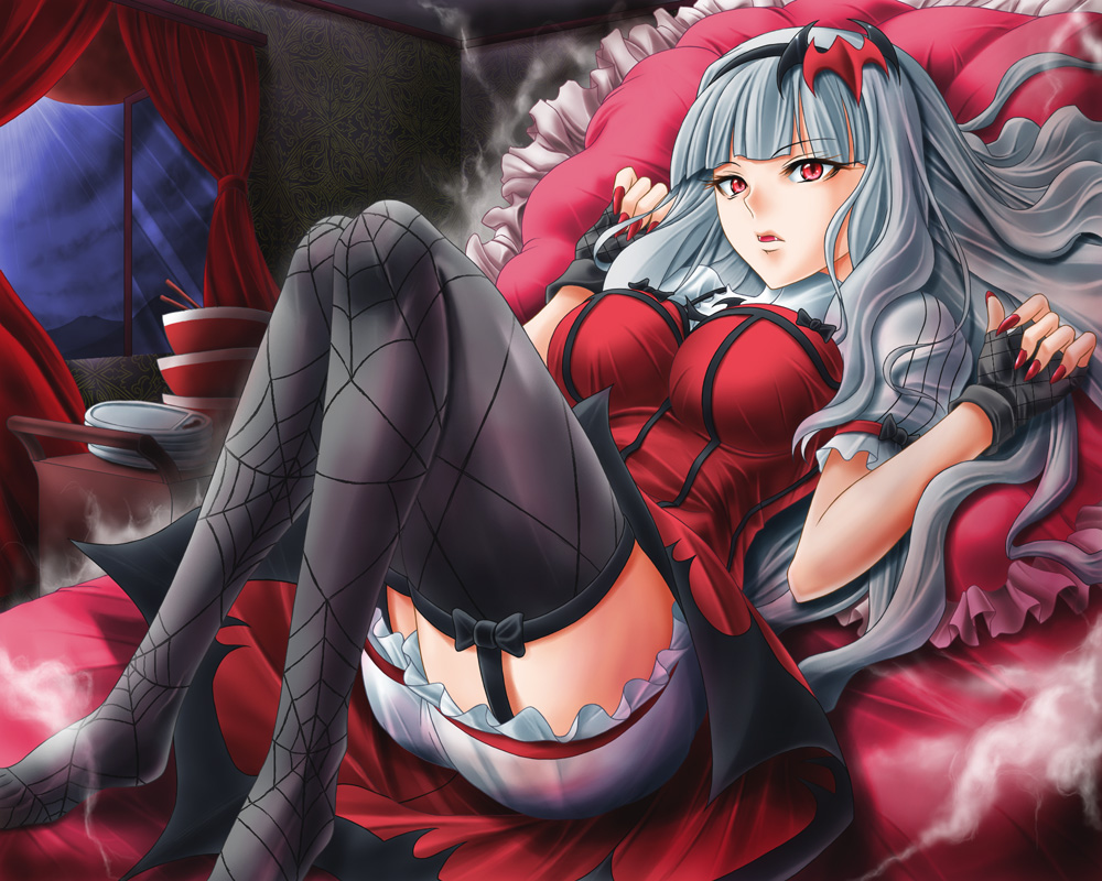 1girl bat_(animal) bat_hair_ornament bed black_bow black_gloves black_thighhighs bloomers blunt_bangs bow bowl breasts cart chopsticks cloud cloudy_sky curtains dress eyelashes fangs female_focus fingerless_gloves fingernails frilled_pillow frills garter_straps gloves grey_hair hair_ornament hairband idolmaster idolmaster_(classic) indoors knees_together_feet_apart knees_up large_breasts long_fingernails long_hair looking_at_viewer lying my_dear_vampire nail_polish no_shoes on_back on_bed parted_lips pillow print_thighhighs red_dress red_eyes red_nails ress sharp_fingernails shijou_takane shimusu short_sleeves sky slit_pupils smoke solo spider_web_print thighhighs tray underwear vampire wallpaper_(object) window zettai_ryouiki