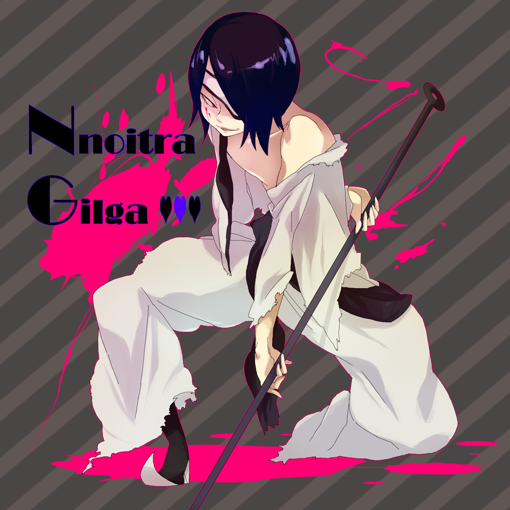 arrancar black_hair bleach eyepatch hollow_(bleach) male_focus menoco nnoitra_gilga number_tattoo paint_splatter red_eyes tattoo torn_clothes weapon