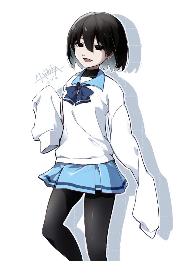 :d arm_at_side artist_name black_eyes black_hair black_pantyhose black_undershirt blue_bow blue_bowtie blue_skirt bob_cut bow bowtie breasts collared_shirt commentary drop_shadow empty_eyes feet_out_of_frame grid_background hair_between_eyes hand_up long_sleeves looking_at_viewer madoka_(yrgb4vle280jzmq) monogatari_(series) open_mouth oshino_ougi pale_skin pantyhose pleated_skirt school_uniform shirt short_hair signature simple_background skirt sleeves_past_fingers sleeves_past_wrists small_breasts smile standing tsuganoki_second_junior_high_school_uniform turtleneck very_long_sleeves white_background white_shirt