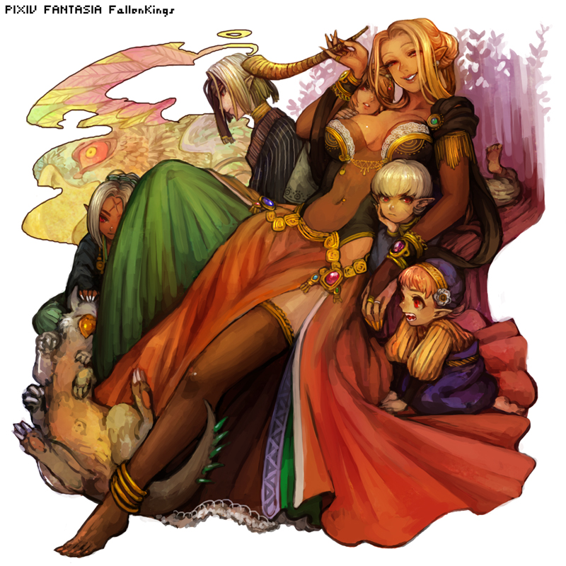2boys 3girls akaneko_(redakanekocat) barefoot blonde_hair breasts breasts_apart bridal_gauntlets clothing_cutout collarbone commentary_request copyright_name creature cross_scar dark-skinned_female dark_skin earrings grey_hair hand_on_another&#039;s_chest holding holding_smoking_pipe jewelry lips long_hair looking_at_viewer multiple_boys multiple_girls navel navel_cutout parted_lips pixiv_fantasia pixiv_fantasia_fallen_kings pointy_ears red_eyes red_skirt scar scar_on_face scar_on_forehead see-through_clothes sharp_teeth side_slit skirt smile smoke smoking_pipe teeth thighs toes