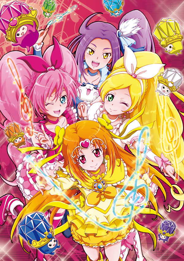 10s 4girls ;d arm_up blonde_hair blue_eyes boots bow braid brooch bubble_skirt cat choker circlet cure_beat cure_melody cure_muse cure_muse_(yellow) cure_rhythm dodory dory earrings fary frills green_eyes hair_ornament hair_ribbon hairpin houjou_hibiki hummy_(suite_precure) jewelry kurokawa_eren lary long_hair magical_girl minamino_kanade miry multiple_girls nita_(onakatohoppe) one_eye_closed open_mouth orange_hair pink_background pink_bow pink_eyes pink_hair pink_legwear precure purple_hair rery ribbon seiren_(suite_precure) shirabe_ako side_ponytail skirt smile sory suite_precure thighhighs tiry treble_clef twintails white_choker wink wrist_cuffs yellow_bow yellow_eyes