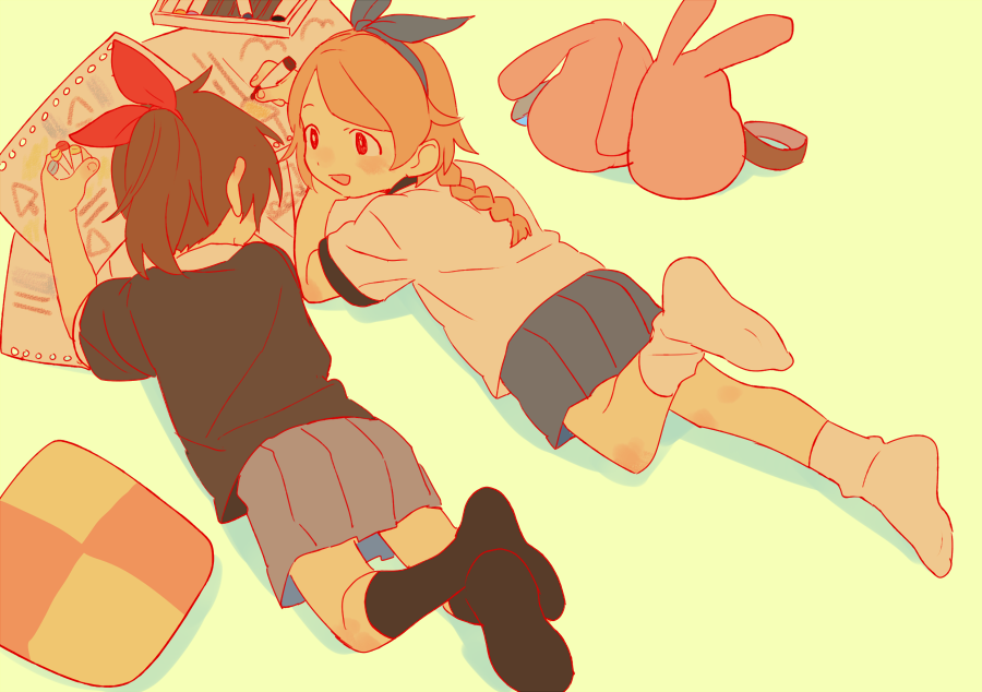 2girls animal_ears bag black_shirt blue_ribbon crayon cushion d.y.x. hair_ribbon haru_(yomawari) looking_at_another lying multiple_girls on_floor on_stomach paper pleated_skirt ponytail rabbit_ears red_ribbon ribbon school_uniform shin_yomawari shirt short_sleeves shoulder_bag skirt socks white_shirt yomawari_(series) yui_(yomawari)