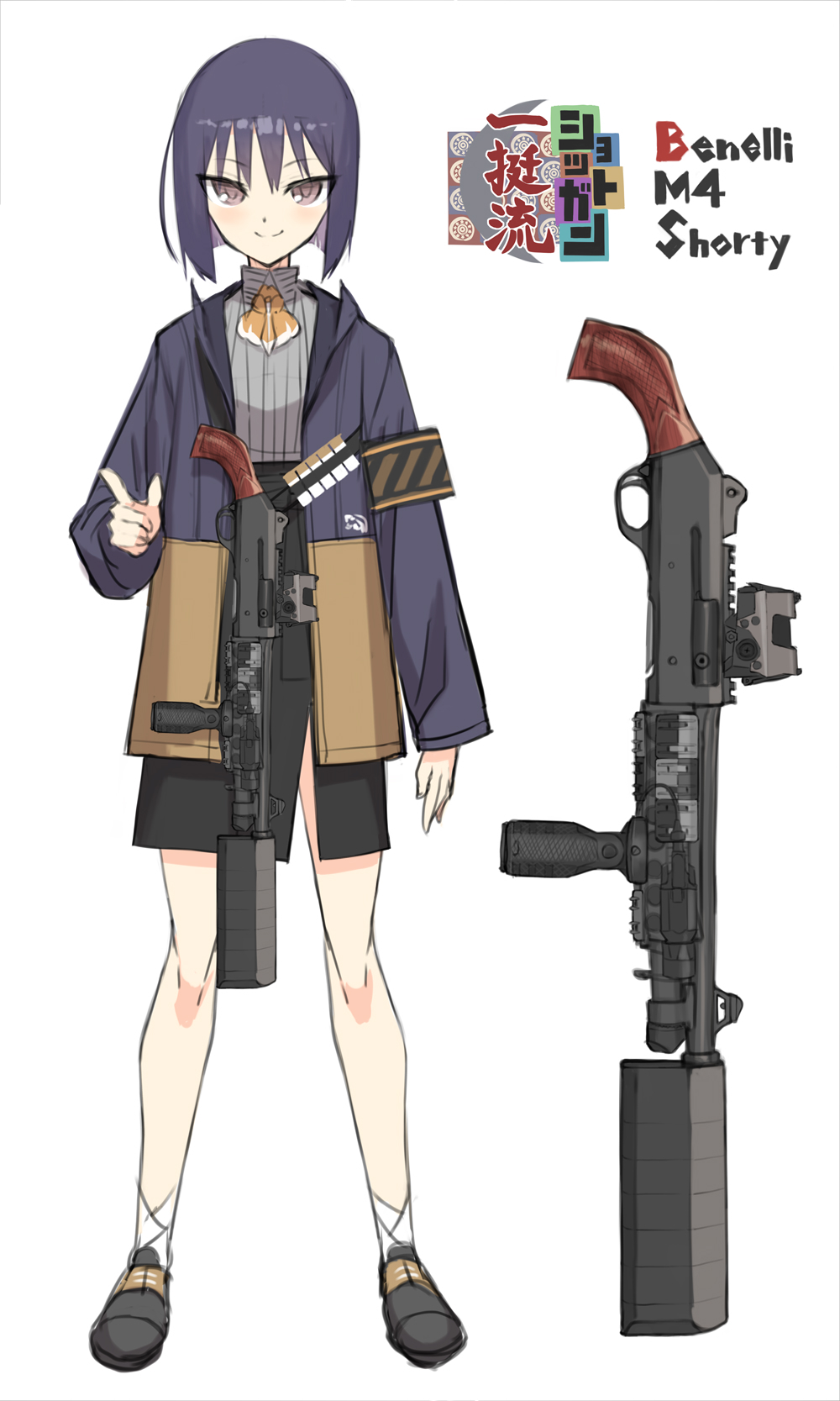 1girl ammunition arm_at_side armband bandolier belt benelli_m4 black_shoes black_skirt blunt_ends blush bob_cut brown_jacket closed_mouth collared_shirt foregrip full_body grey_shirt gun hand_up highres index_finger_raised jacket long_sleeves looking_at_viewer multicolored_jacket open_clothes open_jacket original pistol_grip purple_eyes purple_hair purple_jacket rail_(weapon) ribbed_shirt salvo_12 samaru_(seiga) semi-automatic_shotgun shirt shoes short_hair shotgun shotgun_shell shoulder_strap side_slit silencerco simple_background skirt smile socks solo standing suppressor tsurime two-tone_jacket weapon white_background white_socks