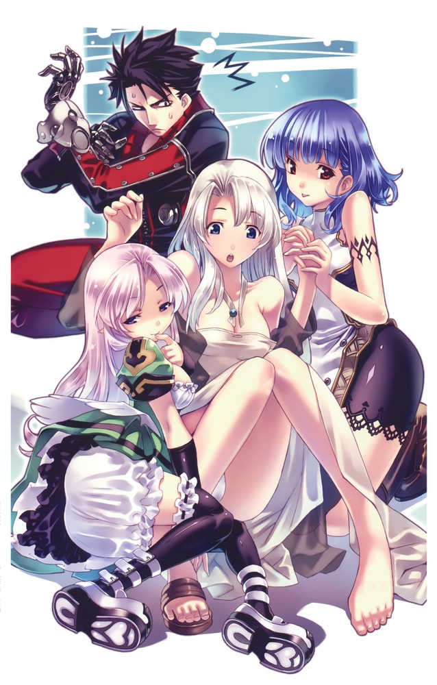 1boy 3girls alia_(blazing_souls) barefoot bike_shorts black_hair black_legwear blazing_souls bloomers blue_eyes blue_hair breasts bridget_(blazing_souls) cleavage coat feet gloves hirano_katsuyuki kneeling little_snow long_hair multiple_girls naughty_face official_art panties pants pantyshot purple_eyes red_eyes shoes short_hair single_shoe smile spectral_(series) spectral_force surprised sweat thighhighs underwear white_bloomers white_hair white_panties zelos_(blazing_souls)