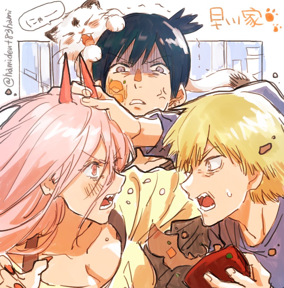 1girl 2boys anger_vein animal black_hair blonde_hair cat chainsaw_man commentary_request denji_(chainsaw_man) fighting fingernails hair_between_eyes hayakawa_aki hmng holding horns long_fingernails meowy_(chainsaw_man) multiple_boys open_mouth pink_hair ponytail power_(chainsaw_man) profile red_horns short_ponytail twitter_username