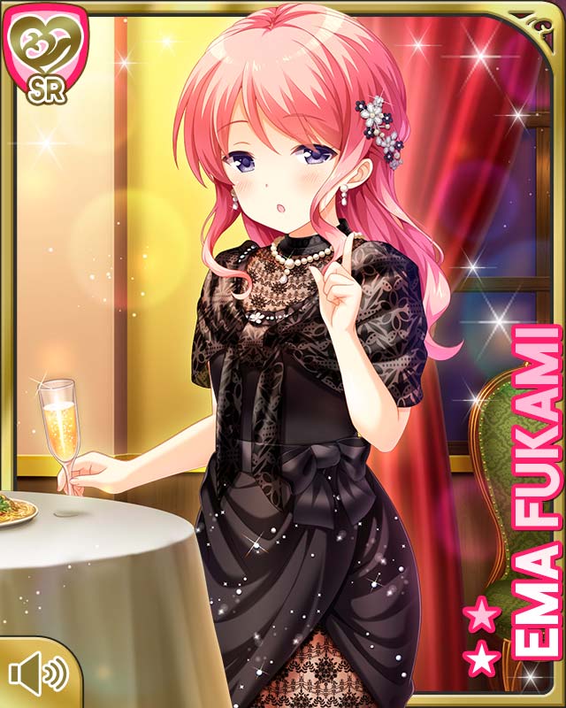 1girl :o black_dress braid card_(medium) character_name curtains dress fukami_ema girlfriend_(kari) indoors long_hair mansion night official_art open_mouth pink_hair purple_eyes qp:flapper standing tagme