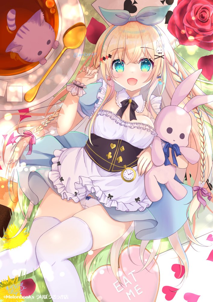 1girl :d apron aqua_dress aqua_eyes artist_name blonde_hair bow braid breasts cleavage cup detached_collar dress flower hair_bow heart holding holding_stuffed_toy long_hair lying on_back open_mouth original panties pantyshot paw_pose plate poker rose scrunchie smile solo spoon stuffed_animal stuffed_cat stuffed_rabbit stuffed_toy teacup thighhighs underwear white_thighhighs wrist_scrunchie yuutsuki_hina zettai_ryouiki