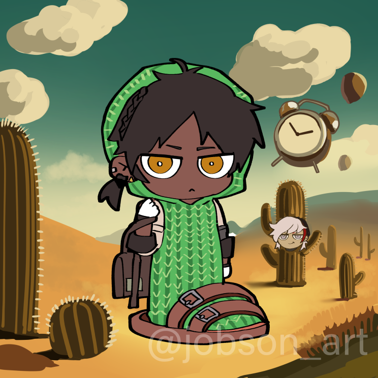 2boys :&lt; ai-generated_art_(topic) arknights black_hair cactus chibi closed_mouth commentary commentary_request dark-skinned_male dark_skin elysium_(arknights) english_commentary gloves italian_brainrot_ai_animals_(meme) lirili_larila looking_at_viewer male_focus meme mixed-language_commentary multiple_boys orange_eyes sleepyowl_(jobkung15) thorns_(arknights) white_gloves
