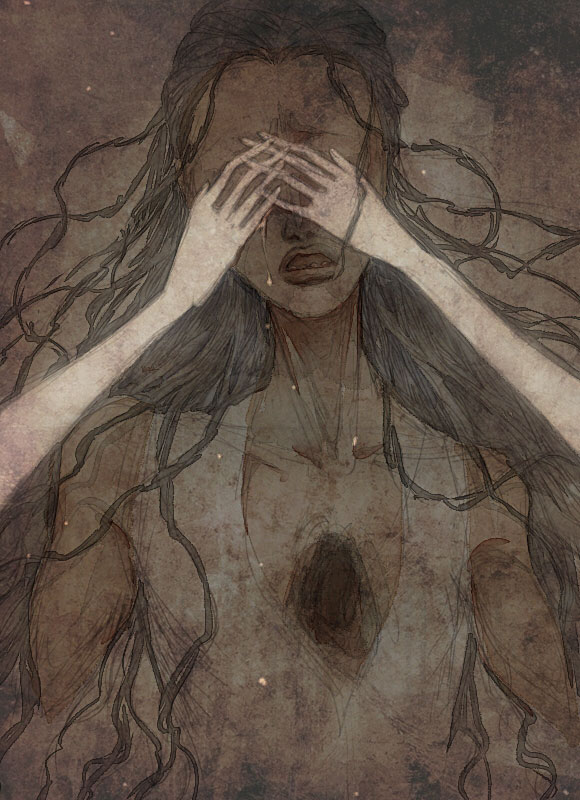 1boy 1girl 7_veil bleach covered_eyes crying dark-skinned_male dark_background dark_skin hands_on_another&#039;s_face hole_in_chest hole_on_body long_hair open_mouth sad simple_background solo_focus tears tousen_kaname
