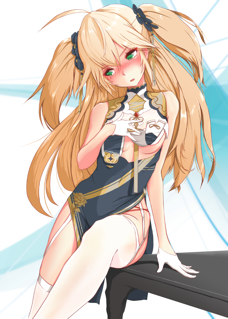 1girl admiral_hipper_(azur_lane) alternate_costume azur_lane blush breast_curtains china_dress chinese_clothes cosplay dress embarrassed gloves looking_down official_alternate_costume open_mouth p.i.t.d sirius_(azur_lane) sirius_(azur_lane)_(cosplay) sirius_(azure_horizons)_(azur_lane) table thighhighs thighs tsundere