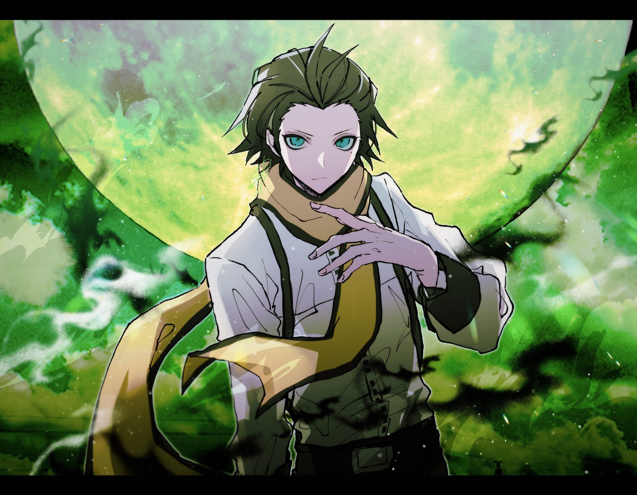 1boy black_hair blue_eyes closed_mouth full_moon green_sky hair_slicked_back hand_on_own_chest highres looking_at_viewer male_focus mochizuki_ryouji mole mole_under_eye moon night night_sky persona persona_3 scarf shirt short_hair sky solo suspenders upper_body white_shirt yellow_scarf zeka_(skzk_cm)
