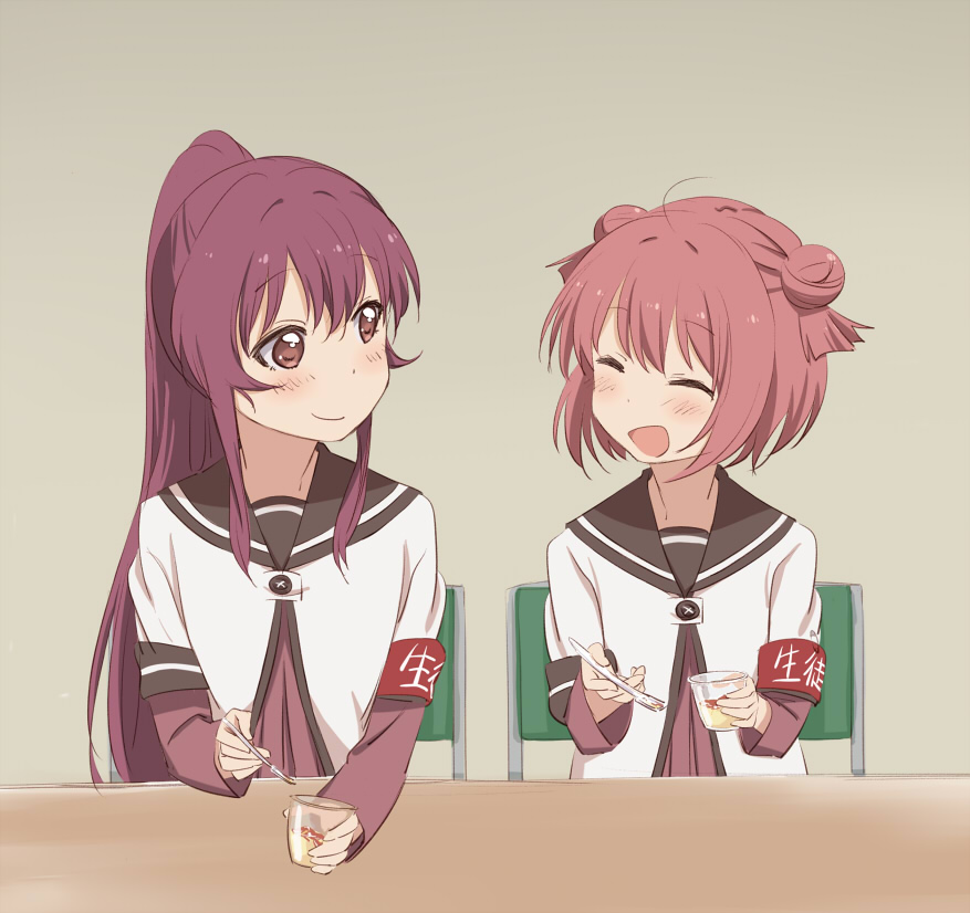 2girls :d ^_^ ahoge akaza_akari armband chair closed_eyes double_bun closed_eyes food foreshortening hair_bun hair_intakes long_hair multiple_girls open_mouth ponytail pudding purple_eyes purple_hair red_hair school_uniform serafuku shikou_sakugo_(qqap9gt9k) shikousakugo simple_background single_hair_bun sitting smile spoon sugiura_ayano table yuruyuri
