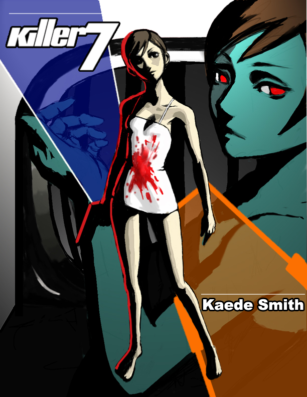 1girl barefoot blood blood_stain brown_hair commentary_request dress full_body gun handgun holding holding_gun holding_weapon kaede_smith killer7 looking_at_viewer multiple_views red_eyes rico_(maikubakaa) short_dress short_hair weapon white_dress