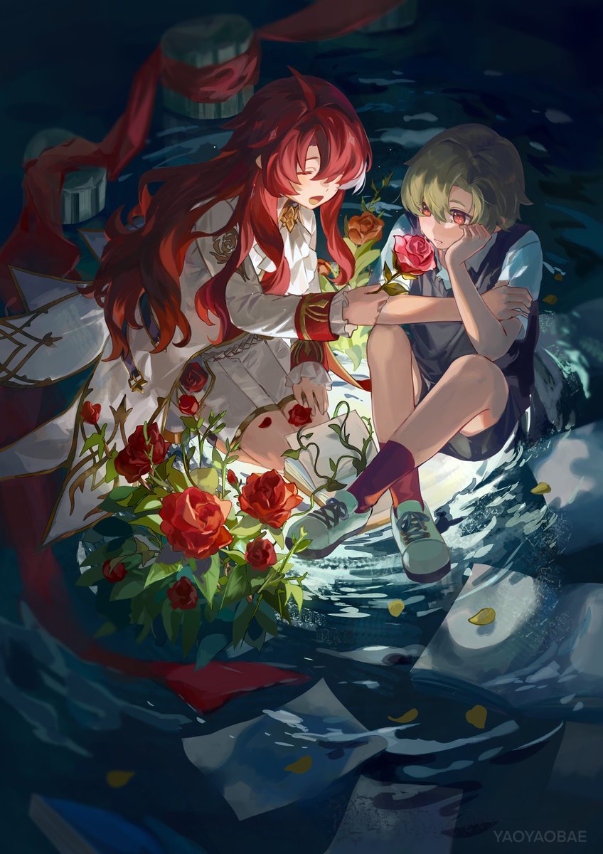 2boys argenti_(honkai:_star_rail) closed_mouth flower head_rest highres holding holding_flower honkai:_star_rail honkai_(series) long_hair male_focus multiple_boys open_mouth red_eyes red_flower red_rose rose short_hair sitting smile velite_(honkai:_star_rail) water yaoyaobae