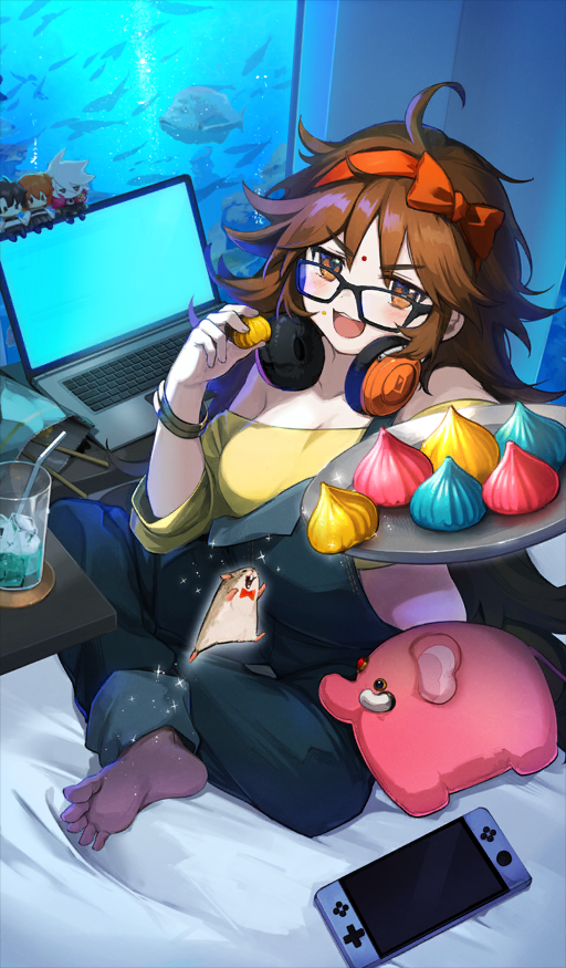 1girl :3 ahoge air_bubble animal bag bangle barefoot bindi black-framed_eyewear blue_overalls bow_hairband bracelet breasts brown_eyes brown_hair bubble celeb_summer_experience! character_doll commentary_request computer denim_overalls drinking_straw fate/grand_order fate_(series) fish fish_tank food food_on_face food_request fujimaru_ritsuka_(female) fujimaru_ritsuka_(male) ganesha_(fate) glasses hairband hamster handheld_game_console headphones headphones_around_neck holding holding_food holding_tray ice ice_cube jewelry jumping kaneko_kotomi karna_(fate) laptop long_hair looking_at_viewer off-shoulder_shirt off_shoulder official_alternate_costume official_art open_bag open_mouth overalls red_hairband shirt sidelocks single_bare_shoulder sitting smile solo sparkle stuffed_animal stuffed_toy suspenders suspenders_slip third-party_source tray v-shaped_eyebrows very_long_hair yellow_shirt