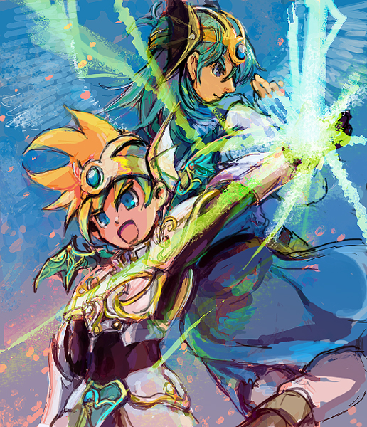 2boys armor blue_eyes blue_tunic commentary_request dragon_quest dragon_quest_iv dragon_quest_v floating_clothes green_hair headdress hero&#039;s_son_(dq5) hero_(dq4) in-franchise_crossover kiri_tampo male_focus medium_hair multiple_boys open_mouth pants profile short_hair smile spiked_hair tunic white_armor white_pants