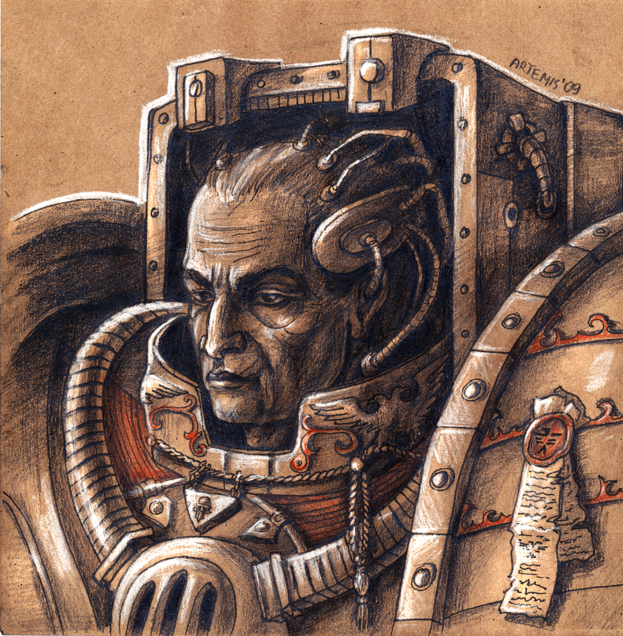 1boy armor artist_name breastplate brown_background cable closed_mouth commentary english_commentary fake_text iron_warriors male_focus mechabare noldofinve pauldrons perturabo power_armor primarch purity_seal shoulder_armor solo traditional_media upper_body warhammer_40k