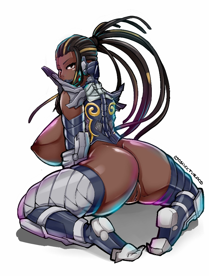 1girl antenna_hair armor ass bad_id bad_pixiv_id black_hair black_lips breasts butt_crack commentary_request dark-skinned_female dark_nipples dark_skin dreadlocks from_behind full_body greaves huge_breasts kneeling lipstick looking_back makeup master_raven multicolored_hair nipples osjosnocturnos ponytail pussy solo streaked_hair tabi tekken tekken_7 thick_thighs thighhighs thighs very_dark_skin