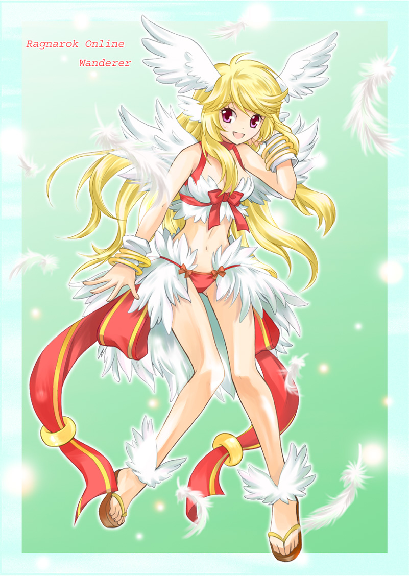 1girl :d bangle bikini blonde_hair bracelet breasts brown_sandals character_name commentary_request copyright_name feather_trim feathered_wings full_body green_background head_wings jewelry long_hair looking_at_viewer medium_breasts mismatched_bikini navel open_mouth ragnarok_online red_bikini red_eyes sandals shiikasan smile solo swimsuit wanderer_(ragnarok_online) white_bikini white_wings wings