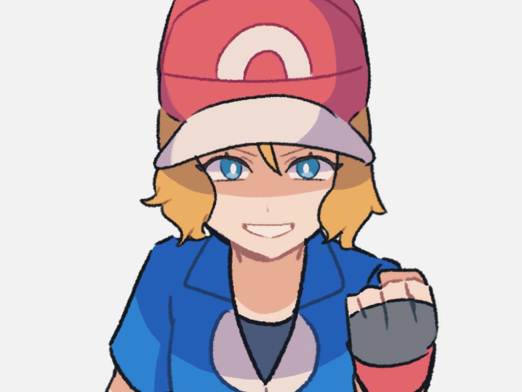 1girl ash_ketchum ash_ketchum_(cosplay) blonde_hair blue_eyes blue_jacket bright_pupils clenched_hand commentary_request cosplay creatures_(company) fingerless_gloves game_freak gloves grin hair_between_eyes hand_up hat hiiro99522 jacket looking_at_viewer nintendo pokemon pokemon_(anime) pokemon_xy_(anime) serena_(pokemon) shirt short_hair simple_background smile teeth upper_body white_background white_pupils