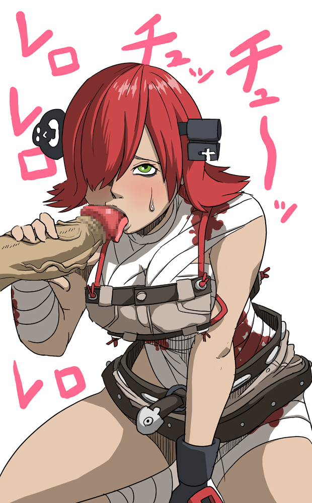 1girl a.b.a arc_system_works bad_id bad_pixiv_id bandages blood blood_on_clothes blush breasts censored fellatio green_eyes guilty_gear hair_ornament hair_over_one_eye hetero key key_in_head kishio_(agedama) kneeling large_breasts licking lips mosaic_censoring object_through_head oral penis red_hair short_hair solo_focus sweat tongue tongue_out veins veiny_penis
