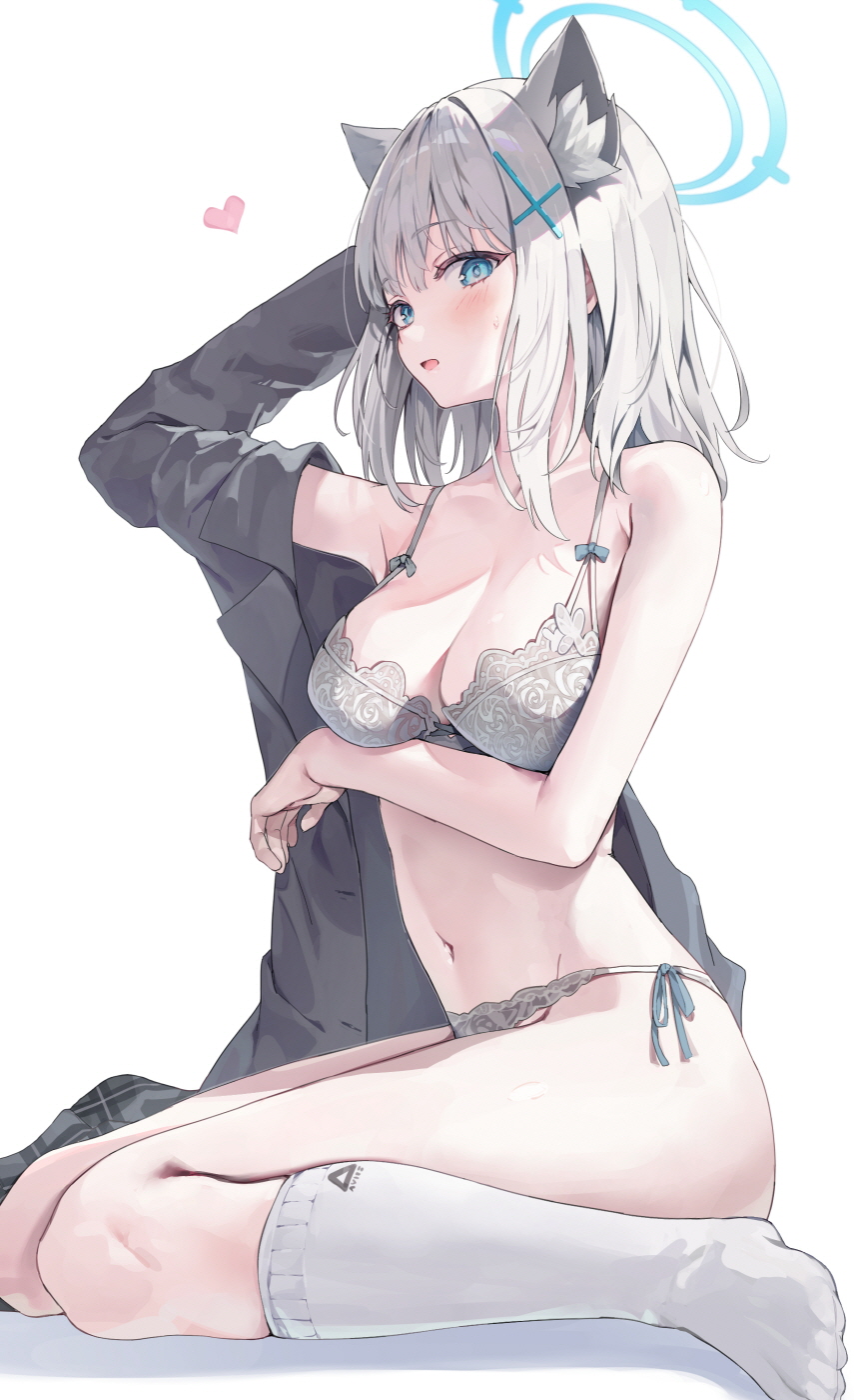 1girl animal_ear_fluff animal_ears ass blue_archive blue_eyes blue_halo blush bra breasts cleavage coat collarbone cross_hair_ornament extra_ears grey_bra grey_coat grey_hair grey_panties grey_skirt hair_ornament halo heart highres huwari_(dnwls3010) looking_at_viewer medium_breasts medium_hair open_mouth panties pleated_skirt shiroko_(blue_archive) simple_background skirt socks solo underwear unworn_skirt white_background white_socks wolf_ears