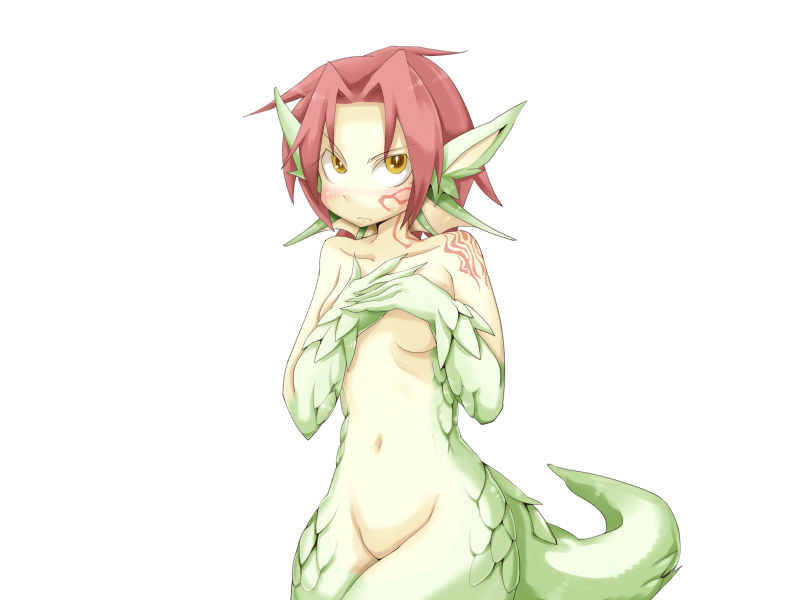 1girl animal_ears blush bmp-to-png_conversion breasts closed_mouth collarbone colored_skin completely_nude covering_breasts covering_privates cowboy_shot dragon_ears dragon_girl dragon_tail facial_tattoo fins frfr game_cg granberia green_skin hair_intakes head_fins light_frown looking_up medium_breasts mon-musu_quest! monster_girl navel neck_tattoo no_pussy non-web_source nude pointy_ears red_hair scales short_hair simple_background solo sweatdrop tail tattoo transparent_background v-shaped_eyebrows yellow_eyes yellow_skin
