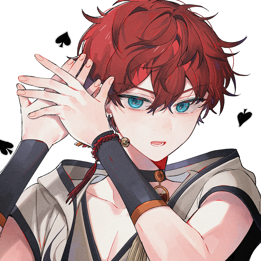 1boy amagi_hiiro anight aqua_eyes arms_up black_collar bracelet collar ensemble_stars! hair_between_eyes jewelry looking_at_viewer lower_teeth_only male_focus official_alternate_costume open_mouth own_hands_together red_hair short_hair solo spade_(shape) teeth upper_body