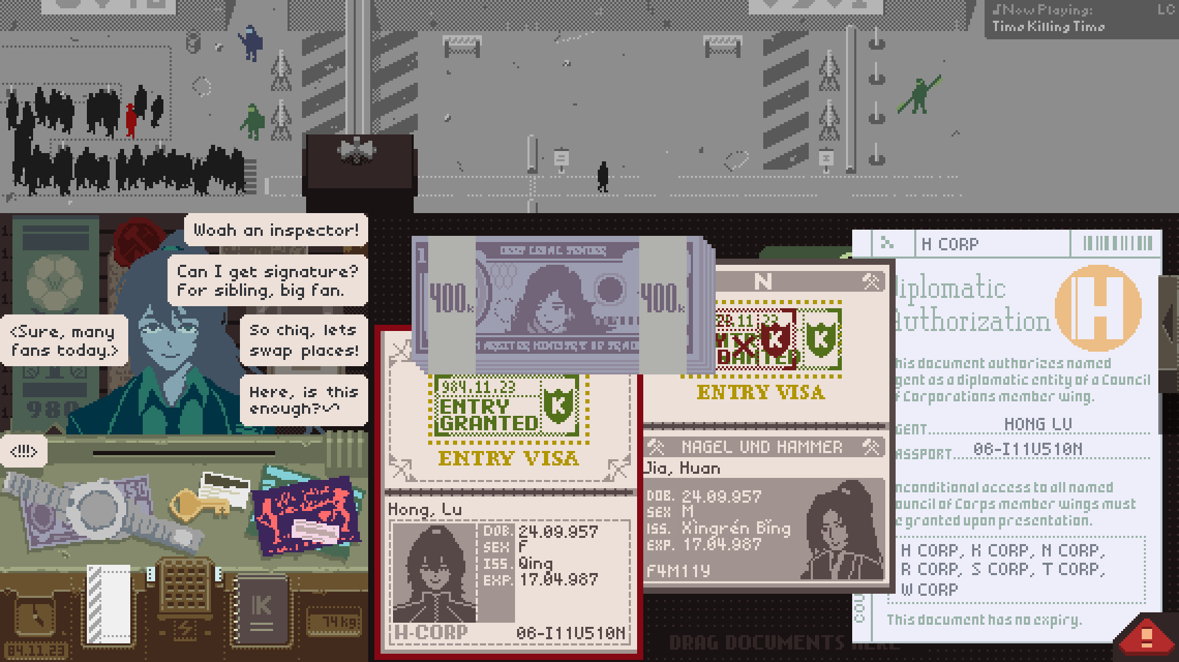 1boy banknote binah_(project_moon) character_name english_text fake_screenshot gameplay_mechanics highres hong_lu_(project_moon) jia_huan_(project_moon) key limbus_company long_hair looking_at_viewer money papers_please passport project_moon redm0e smile