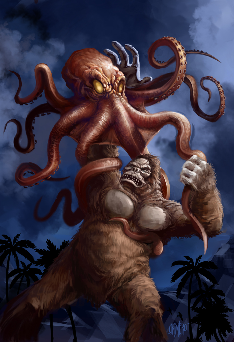 ape battle crossover giant giant_monster giant_octopus_(godzilla) godzilla_(series) gorilla grimbro highres kaiju king_kong king_kong_(series) king_kong_vs._godzilla monster octopus sea_monster tentacles toho