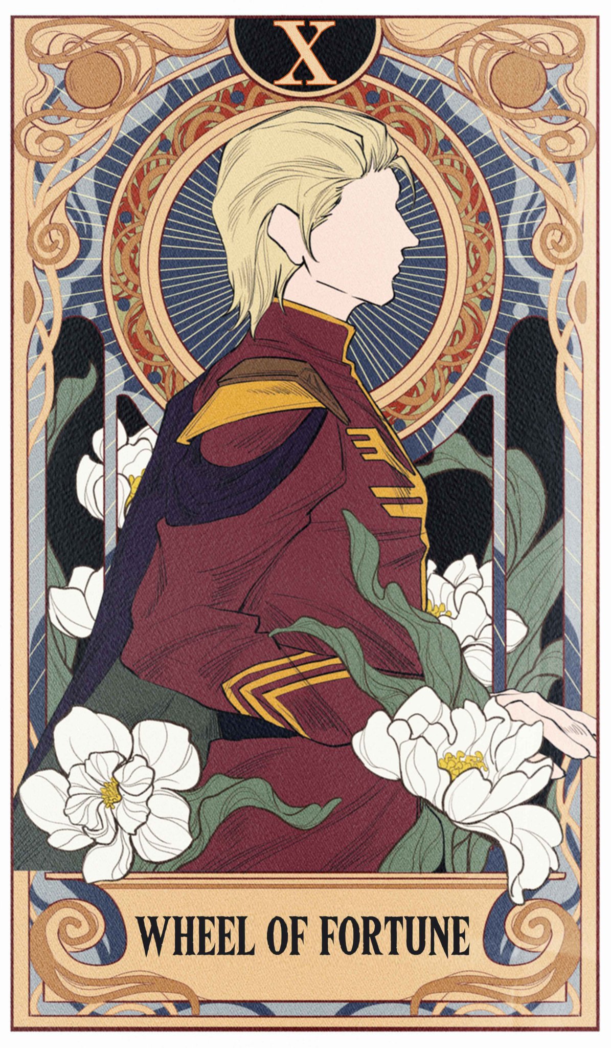 1boy blonde_hair cape card char&#039;s_counterattack char_aznable faceless faceless_male gundam hair_slicked_back highres long_sleeves male_focus mikazuki121410 military military_uniform mobile_suit_gundam plain_epaulettes short_hair solo tarot tarot_card wheel_of_fortune_(tarot)