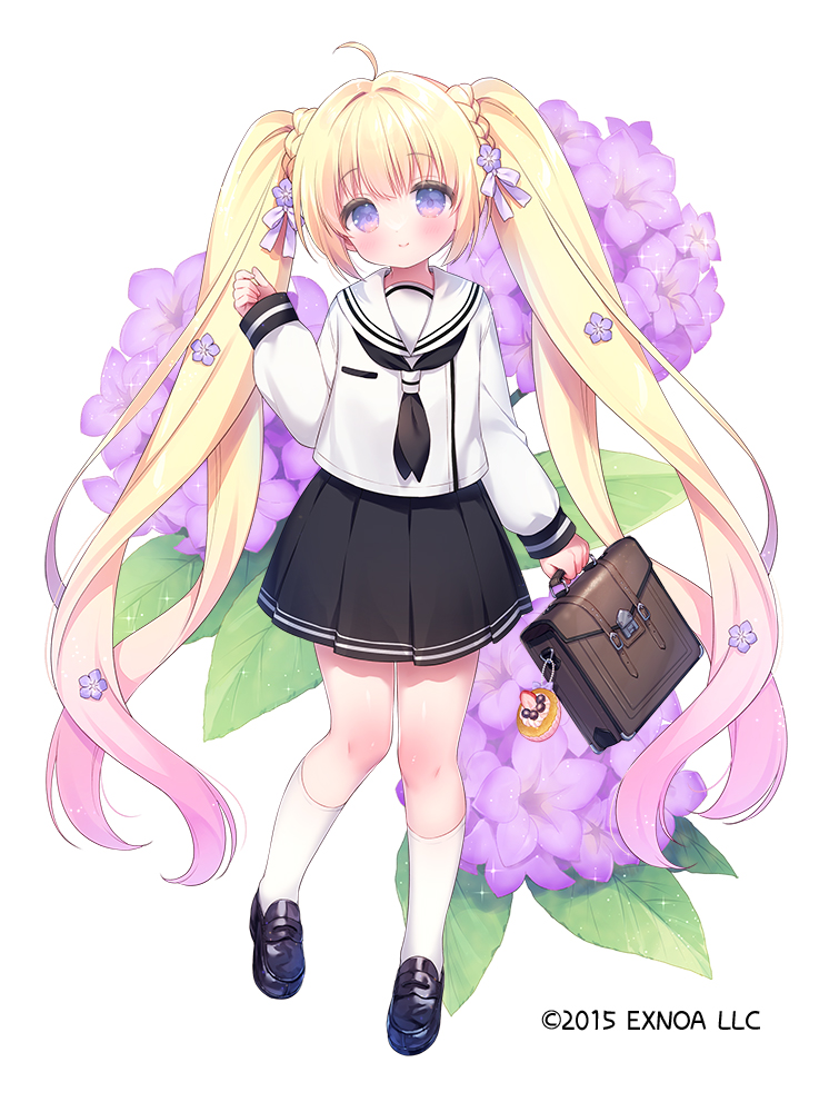 1girl ahoge black_neckerchief black_shoes black_skirt blush bow braid briefcase closed_mouth commentary_request flower flower_knight_girl full_body hair_bow hair_flower hair_ornament hand_up heliotrope_(flower) heliotrope_(flower_knight_girl) loafers long_sleeves looking_at_viewer name_connection neckerchief object_namesake official_art pleated_skirt puffy_long_sleeves puffy_sleeves purple_bow purple_eyes purple_flower sailor_collar school_briefcase shirt shoes simple_background skirt sleeves_past_wrists smile socks solo standing standing_on_one_leg usashiro_mani white_background white_sailor_collar white_shirt white_socks