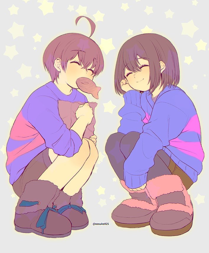 1boy 1girl ahoge ankle_boots bag black_pantyhose blue_ribbon blue_sweater bob_cut boots brown_bag brown_boots brown_hair brown_shorts closed_mouth colored_skin commentary_request crossed_bangs double-parted_bangs dual_persona face-to-face facing_another food footwear_ribbon frisk_(undertale) from_below full_body fur-trimmed_boots fur_trim genderswap genderswap_(otf) genderswap_(otm) grey_background hair_between_eyes hand_on_own_cheek hand_on_own_face holding holding_bag knees_up long_sleeves mouth_hold naoki_(oosuko) outline pantyhose paper_bag pink_sweater puffy_long_sleeves puffy_sleeves ribbon short_hair shorts side-by-side simple_background sleeves_rolled_up smile squatting star_(symbol) star_symbol_background striped_clothes striped_sweater sweater three-quarter_sleeves two-tone_background two-tone_sweater undertale yellow_outline yellow_skin
