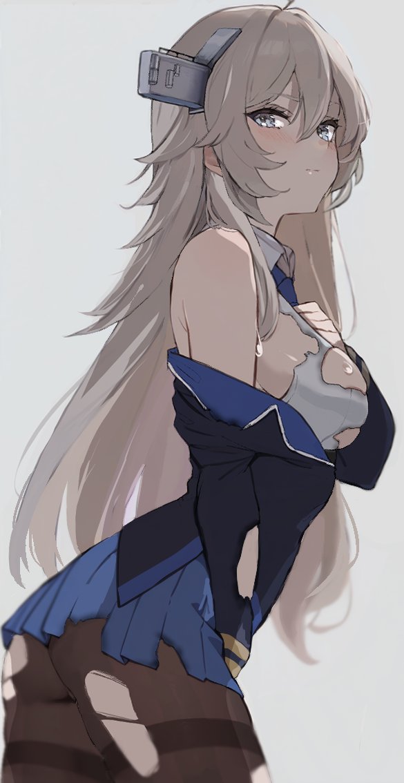 1girl black_jacket blue_necktie blue_skirt breasts collared_shirt dress_shirt grey_background grey_eyes grey_hair headgear jacket kantai_collection long_hair looking_at_viewer medium_breasts necktie neju pantyhose shirt simple_background skirt sleeveless sleeveless_shirt solo thighband_pantyhose torn_clothes washington_(kancolle) white_shirt