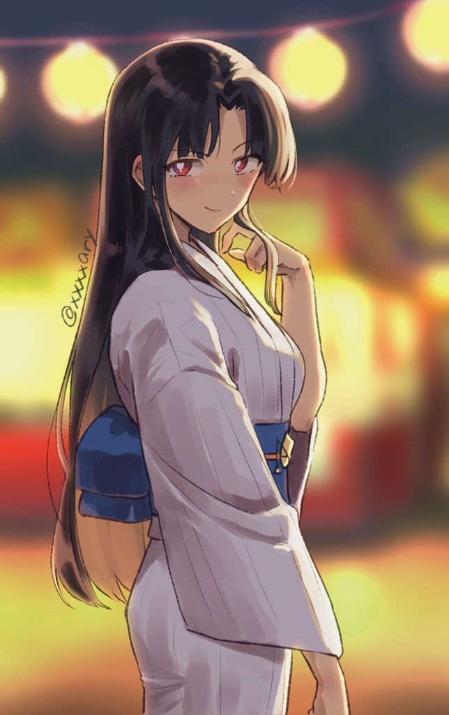 1girl black_hair blurry blurry_background closed_mouth cowboy_shot festival from_side hair_intakes japanese_clothes kimono koizumi_akako long_hair long_sleeves looking_at_viewer magic_kaito obi red_eyes sash smile solo standing straight_hair very_long_hair white_kimono xxxxay