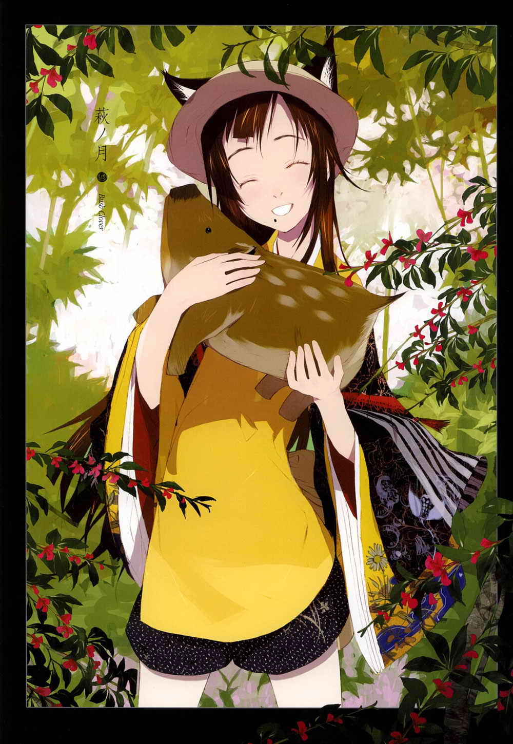1girl ^_^ animal animal_ears boar closed_eyes comic ears_through_headwear female_focus fox_ears highres holding mole mole_under_mouth okama original smile solo