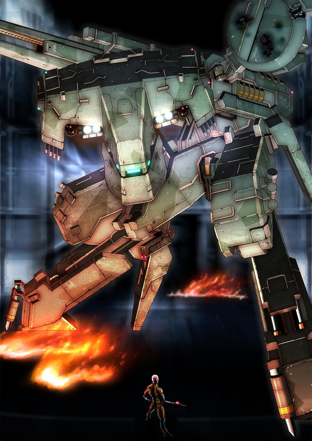 1boy arm_cannon blurry blurry_background cannon cyborg directed-energy_weapon energy_cannon fire free-electron_laser_cannon gray_fox highres joy_(cyber_x_heaven) laser_cannon looking_down looking_up magnetic_weapon mecha metal_gear_(series) metal_gear_rex metal_gear_solid military railgun robot science_fiction shoulder_cannon size_difference skating solo_focus standing weapon