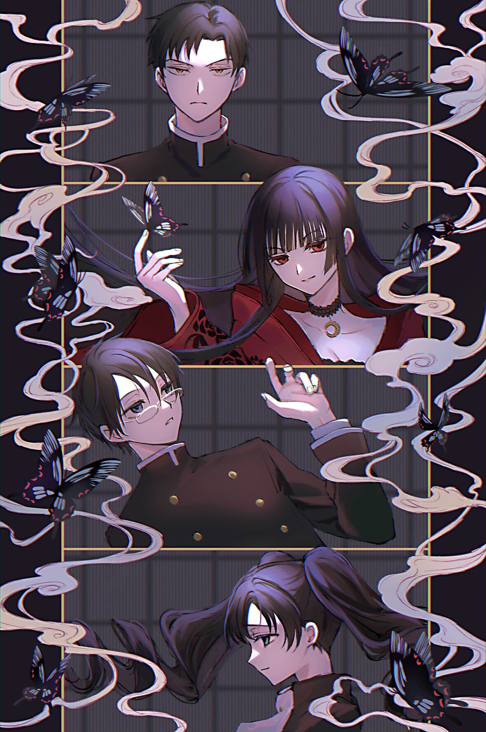2boys 2girls black_hair blue_eyes bug butterfly choker doumeki_shizuka dress drill_hair es_shio floating_hair glasses highres ichihara_yuuko insect kunogi_himawari long_hair looking_at_viewer looking_away multiple_boys multiple_girls red_dress red_eyes school_uniform short_hair watanuki_kimihiro xxxholic yellow_eyes