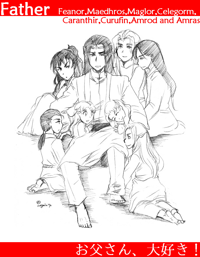 ! 6+boys amras amrod androgynous artist_name barefoot black_hair brothers caranthir celegorm character_name collar curufin elf english_text father_and_son feanor feet frown japanese_text long_hair looking_at_another maedhros maglor male_focus monochrome multiple_boys nagaimiso parted_bangs pointy_ears ponytail prince robe siblings sitting smile soles the_silmarillion tiara tolkien&#039;s_legendarium twins twitter_username