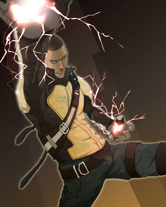 1boy animification backpack bag belt brown_hair cole_macgrath cole_mcgrath dutch_angle electricity evil_cole fingerless_gloves gb_(doubleleaf) gloves infamous male_focus randoseru short_hair solo white_eyes