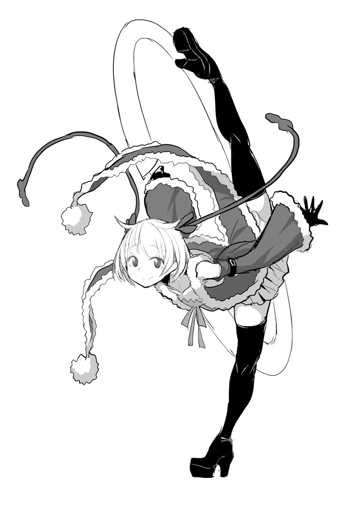 1girl azusa_mifuyu boots chakram closed_mouth commentary_request flexible full_body gloves greyscale hair_horns high_heel_boots high_heels holding holding_weapon huge_weapon ken_(koala) leg_lift leg_up long_sleeves looking_at_viewer magia_record:_mahou_shoujo_madoka_magica_gaiden magical_girl mahou_shoujo_madoka_magica monochrome short_hair simple_background smile solo split standing standing_on_one_leg standing_split weapon white_background