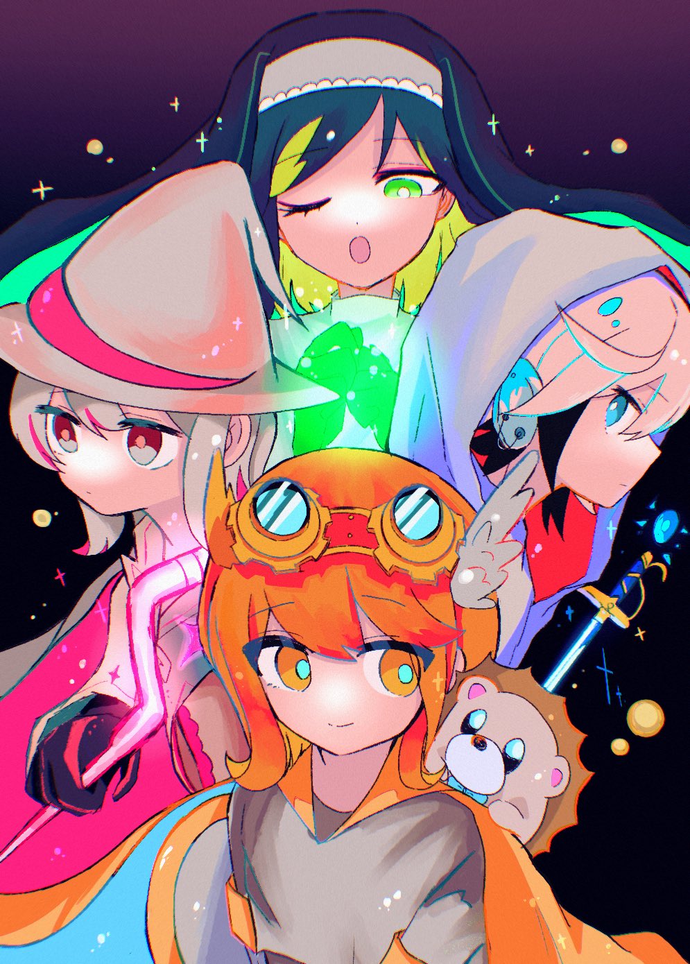 1other 3girls ;o alternate_costume ambiguous_gender animal animal_on_shoulder black_background black_hair black_undershirt blue_eyes cape colored_inner_hair eyewear_on_head from_side goggles goggles_on_head green_eyes green_hair grey_eyes grey_hair grey_hat grey_shirt hat hedgehog highres holding holding_staff kettobashita_moufu_(zutomayo) looking_at_another magic multicolored_hair multiple_girls neko_reset_(zutomayo) nira-chan nira-chan_(kettobashita_moufu)_(zutomayo) nira-chan_(nurse)_(neko_reset)_(zutomayo) nira-chan_(seigi)_(zutomayo) nun one_eye_closed open_mouth orange_cape orange_eyes orange_hair orange_trim pink_hair pino_(pino_ztmy) seigi_(zutomayo) shirt sidelocks smile staff streaked_hair sword teiketsu_(neko_reset)_(zutomayo) teiketsu_(zutomayo) two-tone_hair uniguri_(zutomayo) weapon white_hair witch_hat zutto_mayonaka_de_ii_no_ni
