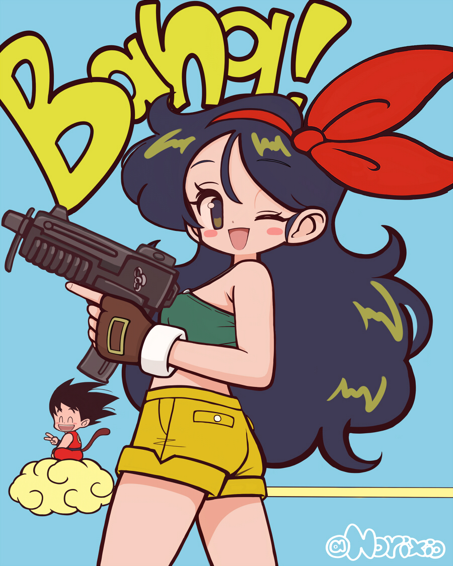 1boy 1girl artist_name black_eyes black_hair blue_background blue_hair blush_stickers brown_gloves crop_top curly_hair dragon_ball dragon_ball_(classic) facing_to_the_side flying_nimbus gloves green_tank_top gun hairband long_hair looking_at_viewer lunch_(dragon_ball) lunch_(good)_(dragon_ball) norixio one_eye_closed open_mouth red_hairband short_shorts shorts single_bare_shoulder smile solo_focus son_gohan submachine_gun tank_top uzi weapon yellow_shorts