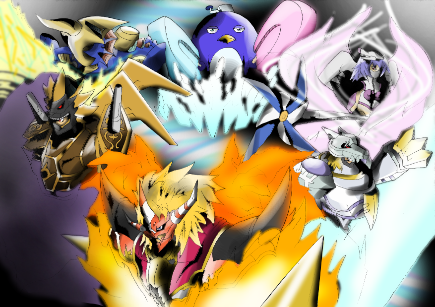 1girl 5boys aldamon armor beowolfmon daipenmon digimon fire horns jetsilphymon lion multiple_boys raihimon rhinokabuterimon