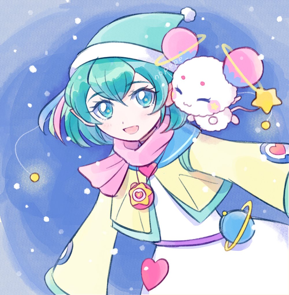 1girl :d artist_name blue_hair creature floating fur-trimmed_headwear fur_trim green_trim hagoromo_lala jacket long_sleeves multicolored_hair nopepe open_mouth pink_scarf pink_streaks planet pom_pom_hat_ornament precure scarf short_hair smile space star_(symbol) star_in_eye star_twinkle_precure streaked_hair symbol_in_eye twitter_username yellow_jacket