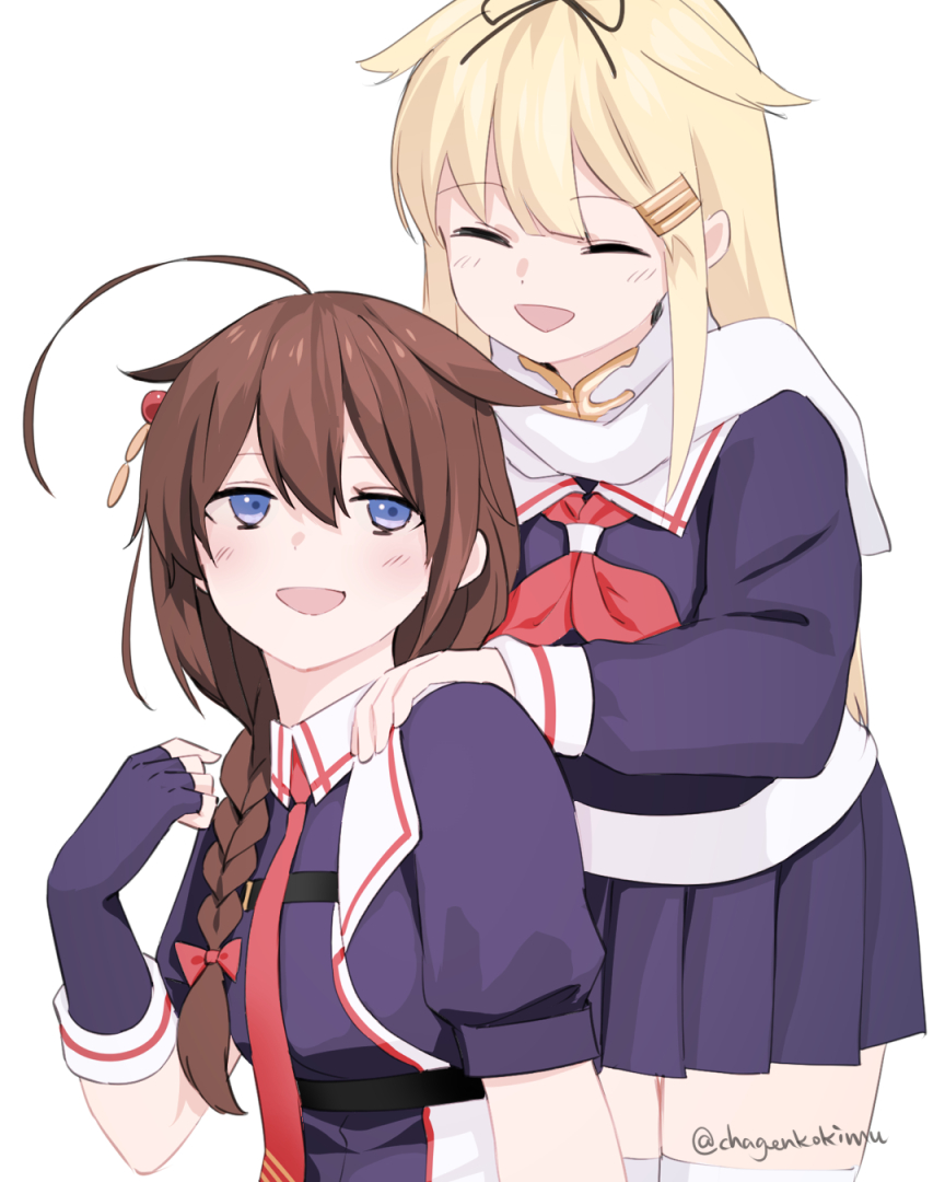 2girls ahoge alternate_sleeve_length black_gloves black_jacket black_serafuku black_shirt blonde_hair blue_eyes braid brown_eyes chagen_kokimu closed_eyes fingerless_gloves gloves hair_flaps hair_over_shoulder jacket kantai_collection long_hair multiple_girls neckerchief necktie pleated_skirt red_neckerchief red_necktie sailor_collar scarf school_uniform serafuku shigure_(kancolle) shigure_kai_san_(kancolle) shirt single_braid skirt smile two-tone_shirt white_sailor_collar white_scarf yuudachi_(kancolle)