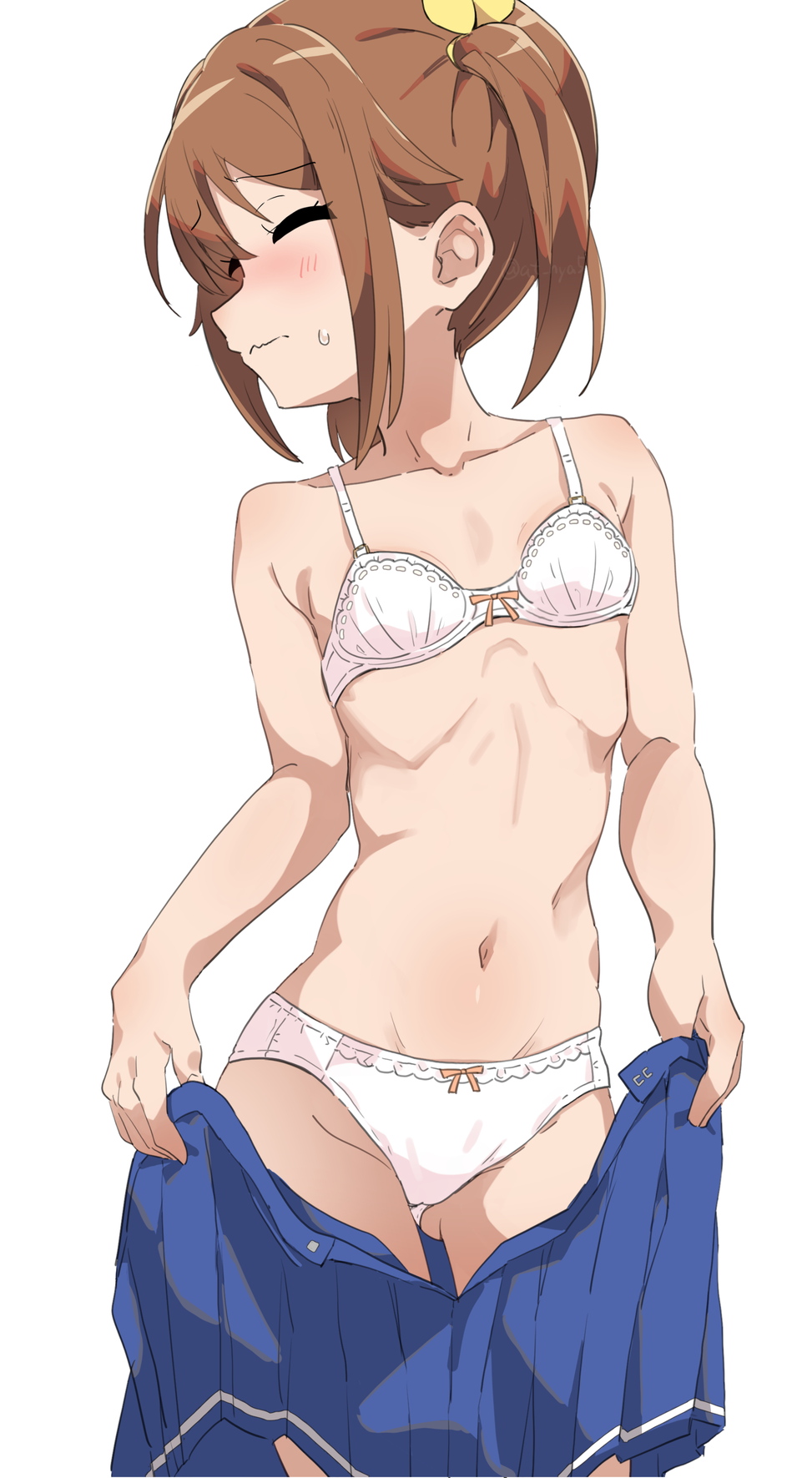 1girl blue_skirt bra breasts brown_hair closed_eyes collarbone commission embarrassed high_school_fleet highres misaki_akeno navel okura-chan_(at_nya5) panties simple_background skeb_commission skirt small_breasts solo sweatdrop turning_head twintails underwear undressing white_background white_bra white_panties