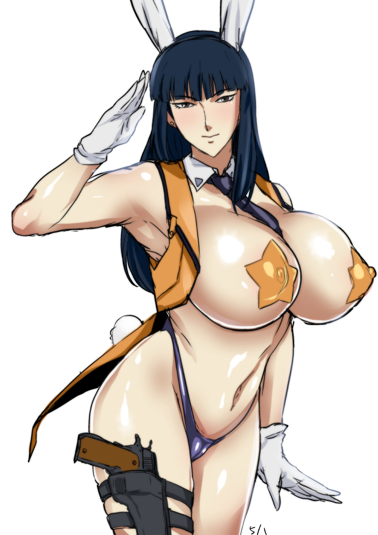 1girl akikusa_peperon animal_ears between_breasts bikini blush breasts brown_eyes cameltoe covered_erect_nipples dated detached_collar earrings female_focus gloves gun handgun highleg highleg_bikini highleg_bikini_bottom jewelry kanuka_clancy kidou_keisatsu_patlabor large_breasts leg_holster long_hair m1911 navel necktie necktie_between_breasts nipples pasties pistol rabbit_ears rabbit_girl rabbit_tail revealing_clothes salute simple_background solo star_(symbol) star_pasties stud_earrings swimsuit tail weapon white_gloves
